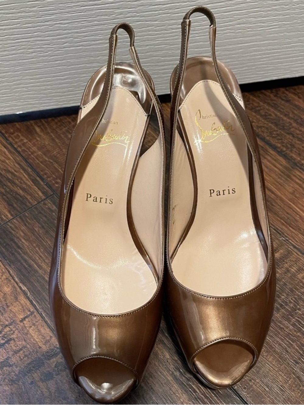 Christian Louboutin Bronze Patent Slingback Peep-Toe Pumps